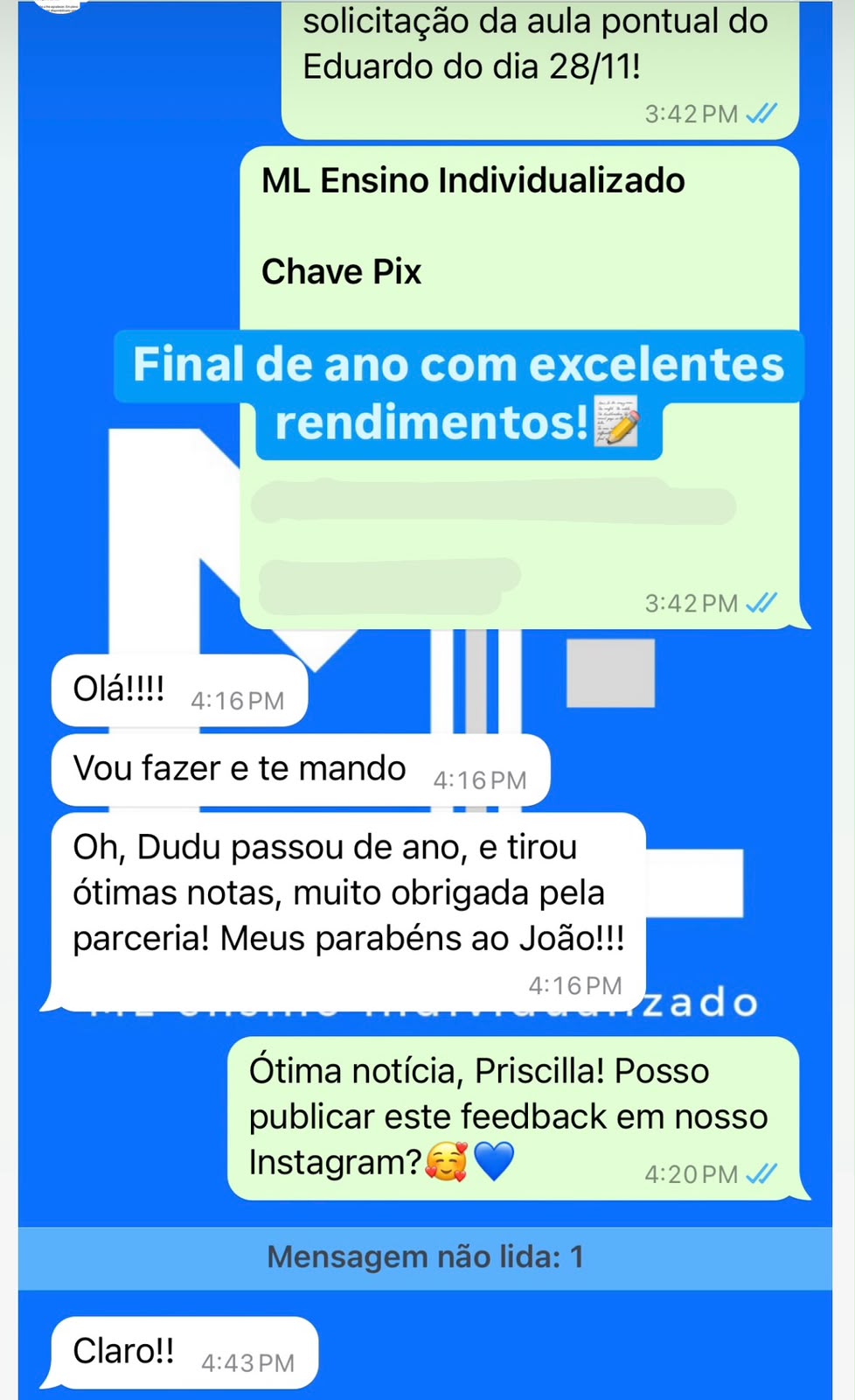 Print de WhatsApp: mãe comemorando que o filho passou de ano com ótimas notas