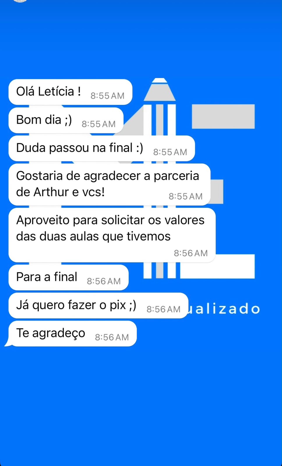 Print de WhatsApp: pai agradecendo a parceria depois da aprovação na prova final