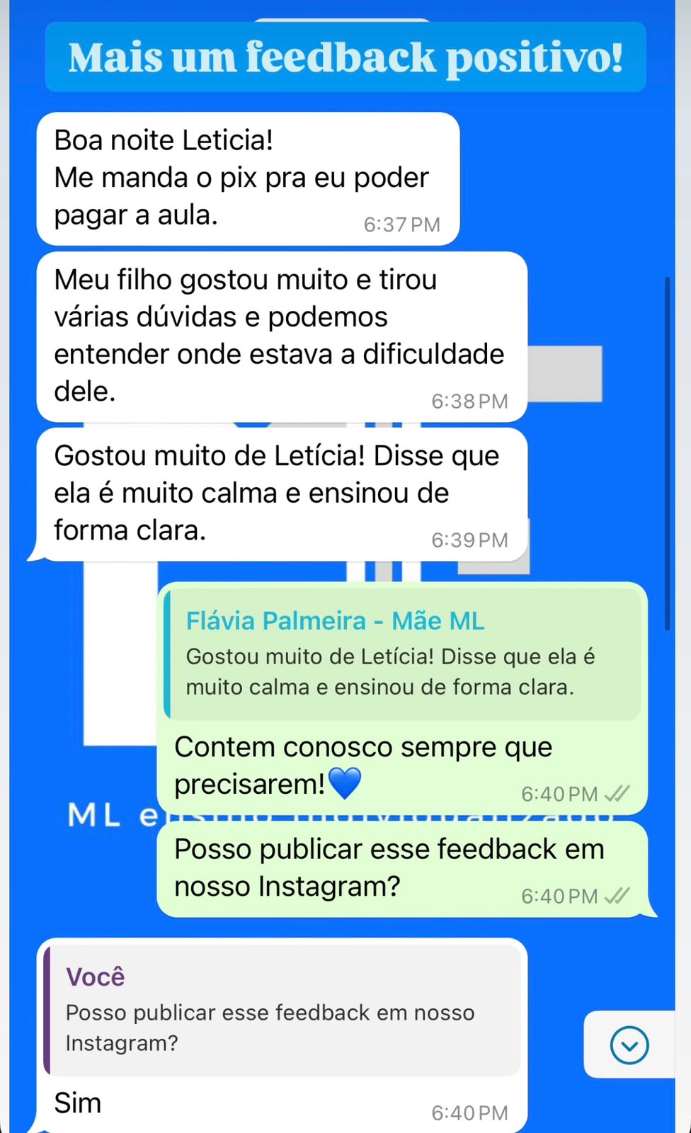Print de WhatsApp: mãe elogiando a calma e clareza da professora nas aulas