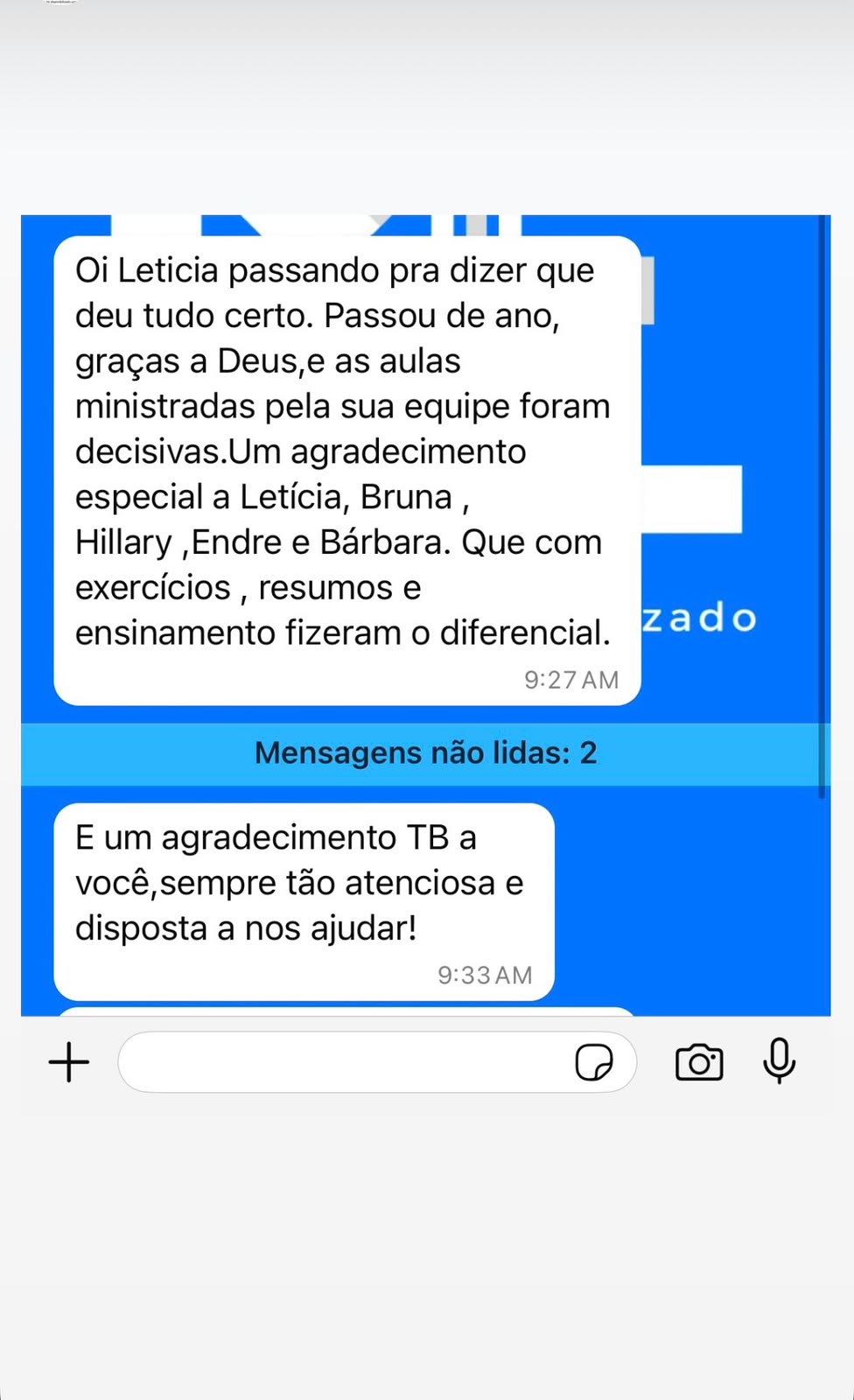 Print de WhatsApp: mãe autorizando a publicação do feedback sobre o desempenho da filha