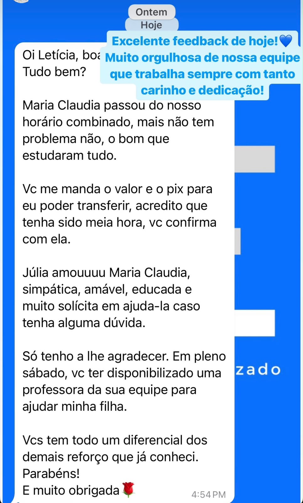 Print de WhatsApp: mãe agradecendo pelo suporte em um sábado e elogiando a equipe