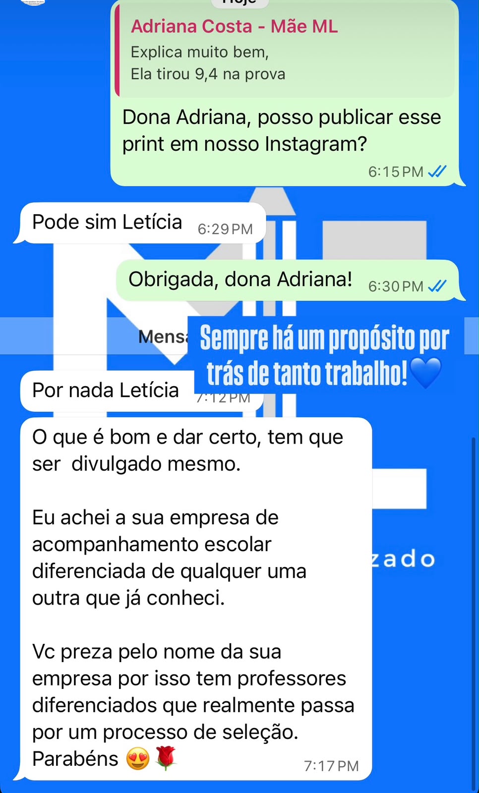 Print de WhatsApp: mãe recomendando o trabalho e agradecendo pelos resultados