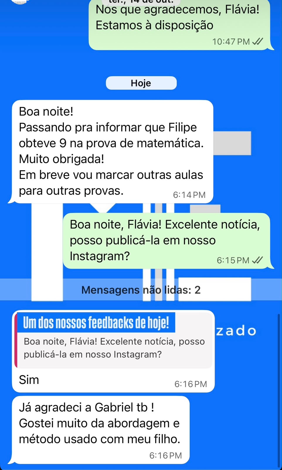 Print de WhatsApp: mãe contando que o filho tirou 9 na prova de matemática depois do reforço