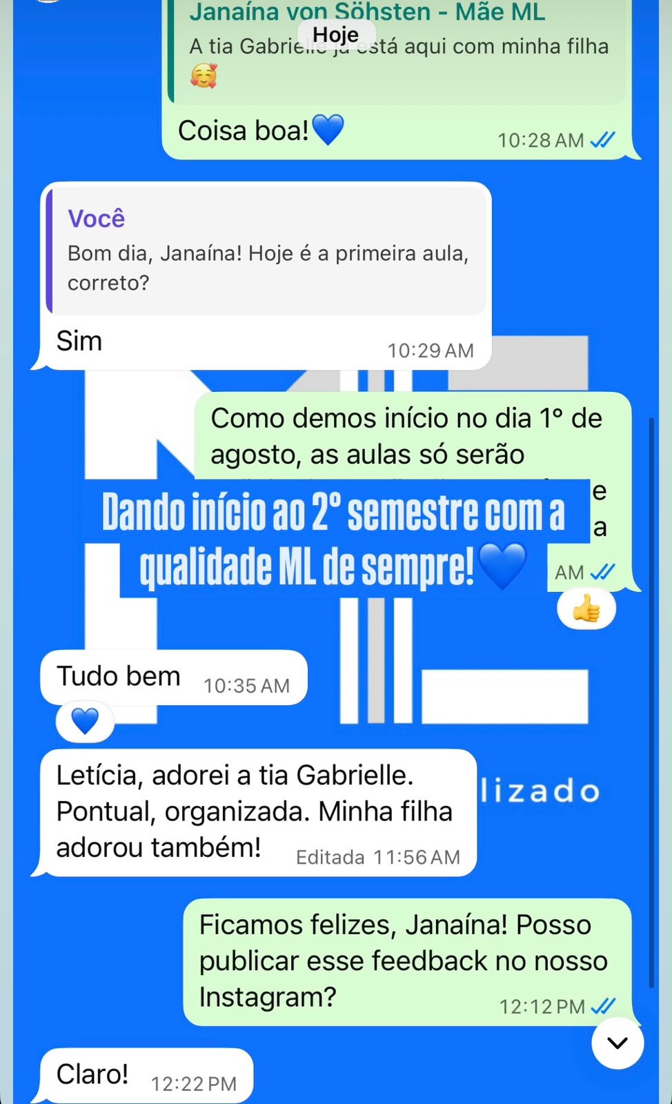 Print de WhatsApp: mãe elogiando a professora particular logo na primeira aula