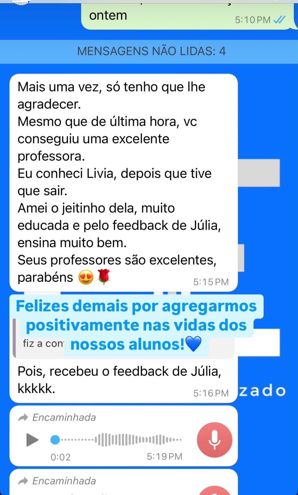 Print de WhatsApp: mãe agradecendo a assistência e elogiando a professora