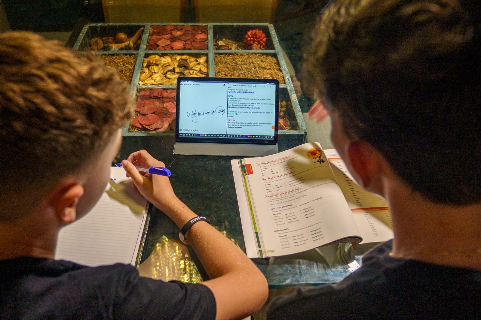 Professora parceira e aluna revisando conteúdo com tablet